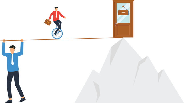 Business challenge tightrope walking unicycle riding ambitious businessman career opportunity open door mountain peak corporate success financial risk difficult path