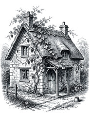 Fototapeta premium Cottagecore vintage adult coloring page featuring charming rustic elements, countryside houses, wild plants, mushrooms, tea sets, and cozy rural life objects in an intricate engraved outline style.