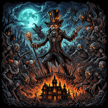 Dark fantasy illustration of a sinister ringmaster standing before a burning haunted mansion surrounded by creepy creatures