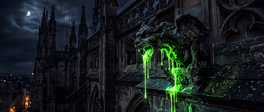 Gothic cathedral stone gargoyle statue spewing glowing neon green slime at night under cloudy dark sky with crescent moon on roof