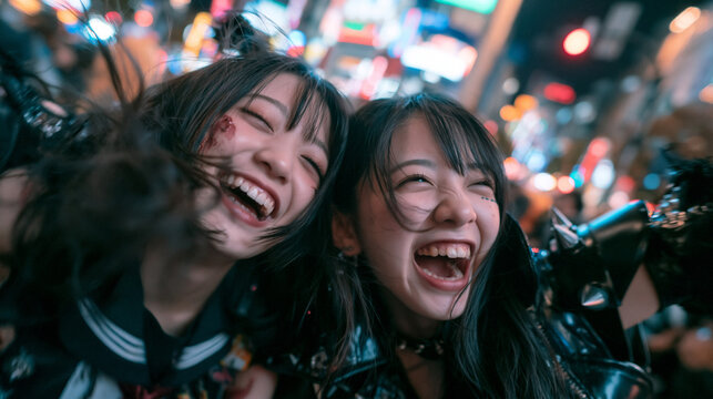 Young Happy Friends Laughing Together at Night Street