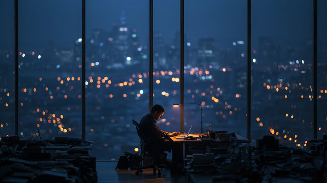 Businessman Working Late in High Rise Office at Night