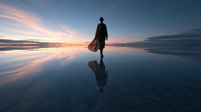 Person Walking on Reflective Salt Flat at Sunset
