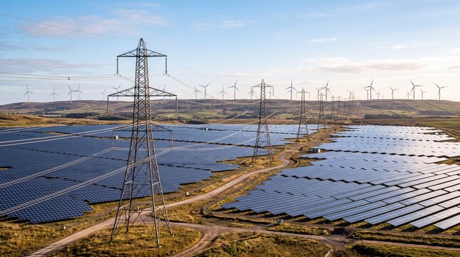 Solar Panel Farm and Wind Turbines with Power Lines