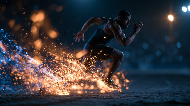 Athletic Sprinter Running with Explosive Fire Effect