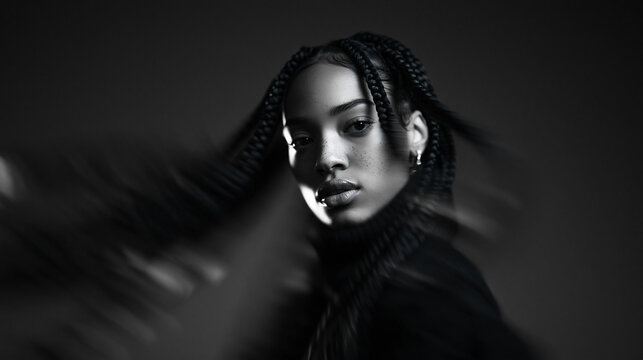 Black Woman with Braided Hair in Dynamic Studio Portrait