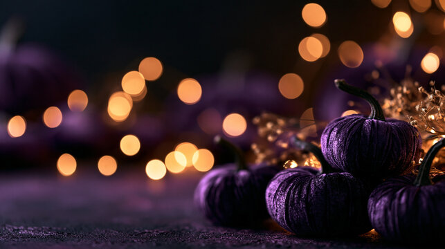 Purple Velvet Decorative Pumpkins with Warm Bokeh Lights
