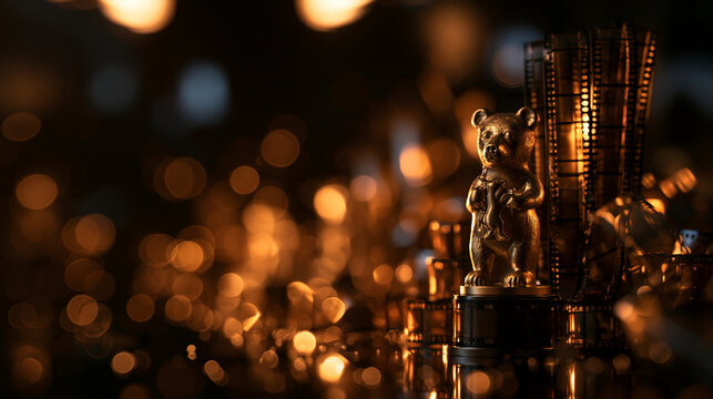 Golden Bear Film Festival Trophy with Cinematic Bokeh Lights
