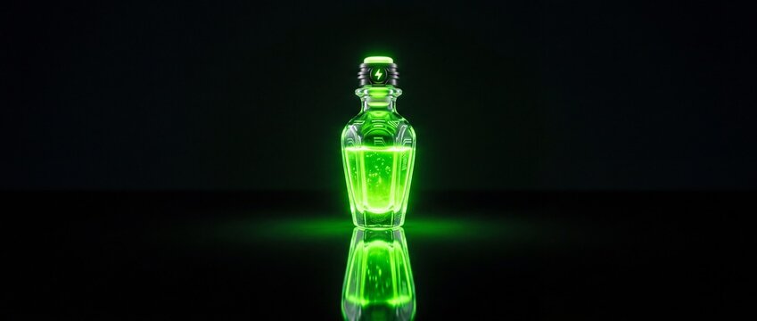 Glowing neon green energy potion in glass bottle with lightning bolt emblem reflected on glossy black table against dark background