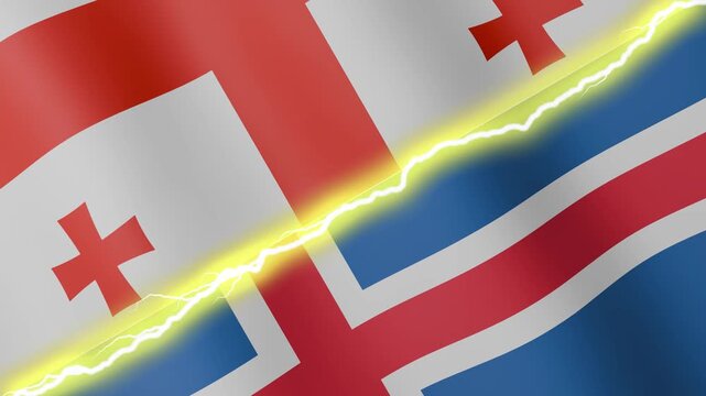 Two waving flags Georgia and Iceland with diagonal lightning seamless, 4k loop