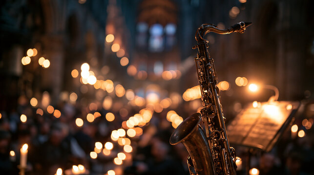 Saxophone on Stand at Candlelight Concert in Cathedral