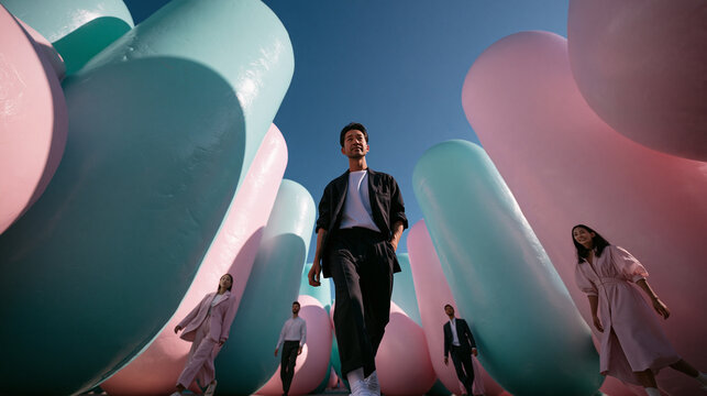 Fashionable People Walking Through Surreal Pastel Art Installation