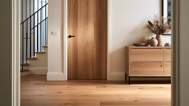 Modern Hallway Interior with Wooden Door and Flooring