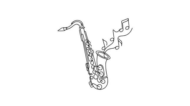 Continuous line drawing of a saxophone with musical notes