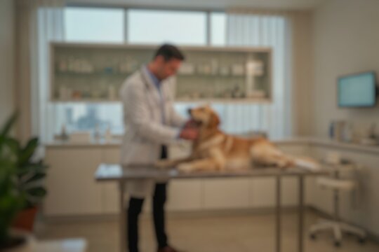 Blur image of a male veterinarian caring for a canine patient during a clinic examination, suitable for veterinary medicine, healthcare, pet ownership, and animal care concepts.