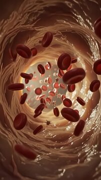 Erythrocyte stream motion: capillary flow, biological transport, oxygen delivery, vascular tunnel, cellular journey, microscopic anatomy, life circulation, vital bloodstream.