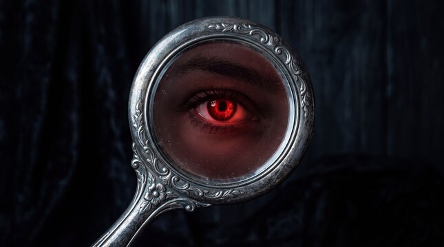 Vintage silver mirror reflecting single red glowing human eye symbolizing intense supernatural perception and dark ominous mystery mood