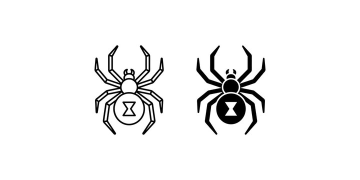 Set of two black spider icons featuring widow spider silhouette and line art style for pest control and biology.