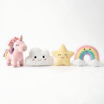 Cute children's plush toys comprising a pink unicorn, white cloud, yellow star, and rainbow on white background.