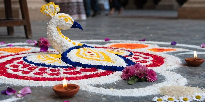 Rangoli art made of colored powder and flowers featuring a peacock design with lit oil lamps flower rangoli lit diyas festival decoration indian floor art traditional pattern
