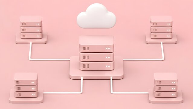 Pink pastel cloud computing server racks representing cute aesthetic data storage and network infrastructure