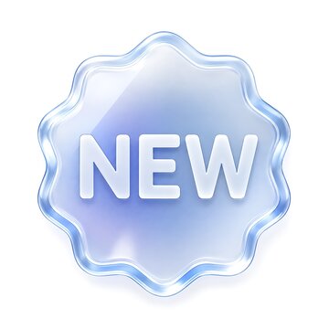 Glossy blue glass new arrival badge, 3D frosted star icon for retail marketing, modern translucent web button for product launches