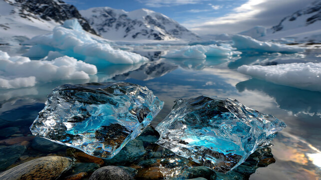 Two clear blue ice chunks rest on pebbles in the foreground with a snowy mountain lake background.