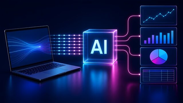 Artificial intelligence data processing algorithm connected to laptop and financial dashboards representing automated business analytics