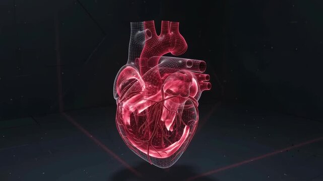 3D wireframe of a human heart glowing red in a dark medical laboratory setting.