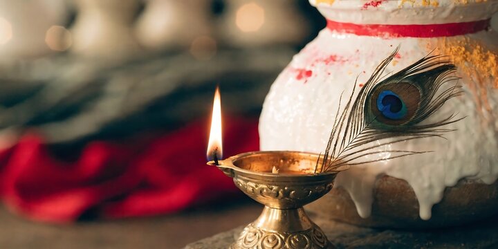 Brass lit diya oil lamp with peacock feather and traditional curd pot for janmashtami red cloth janmashtami festival celebration traditional religion spiritual devotion