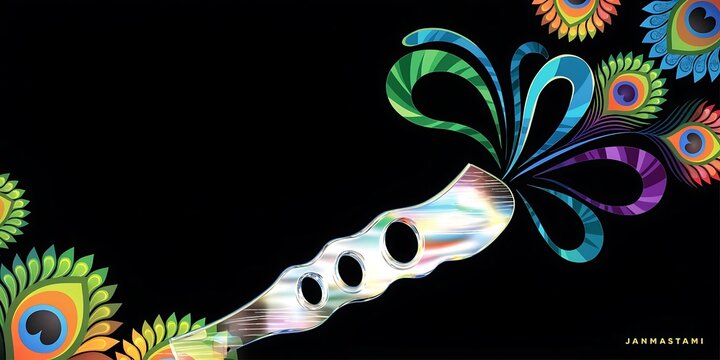 Traditional flute musical instrument adorned with colorful peacock feathers against a dark black background peacock feather instrument heritage decoration ornament colorful