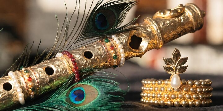 Ornate golden flute decorated with pearls and gemstones resting next to a peacock feather and jewelry pearl decoration gemstone jewelry traditional flute musical instrument