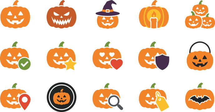 Set of halloween pumpkin icons with various modifiers and symbols
