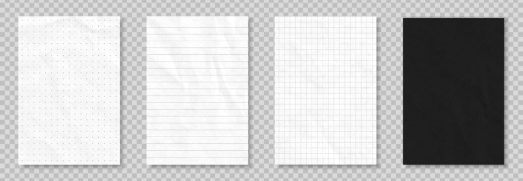 Crumpled paper effect. Sheet from grid and lined notebook. White and black page from sketchbook. Empty paper template or mockup. Realistic vector illustration set on transparent background