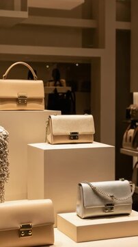Vertical video of luxury handbags in a store window display. High-end retail and fashion boutique concept. Upscale shopping environment