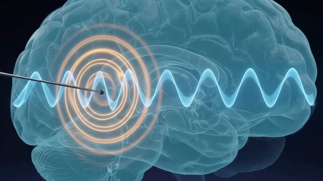 Medical 3D animation of a human brain with electrical neural activity and a surgical probe being inserted for deep brain stimulation.
