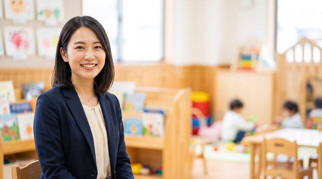 プロフィール写真をイメージした、企業内託児所にて穏やかな笑顔をカメラに向けている、知的な印象の20代日本人女性社員のバストアップポートレート