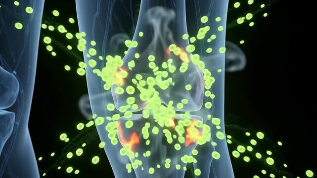 3D medical animation of a human skeletal system showing glowing orange pain in the knee joint.