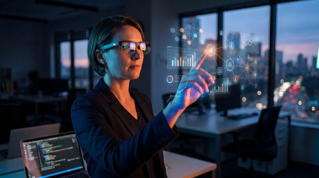 Female data analyst wearing augmented reality glasses analyzing glowing 3D hologram charts in modern office