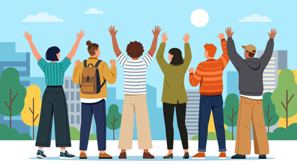 Obraz premium A diverse group of young people stands with their backs to the viewer, raising their arms in celebration against a bright blue sky and city skyline.