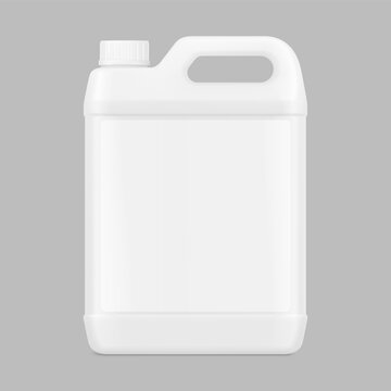 Blank plastic jerry can canister with handle and cap mockup for design, presentation of chemical detergent, chemicals. 3D hight realistic vector illustration isolated on grey background. EPS10.