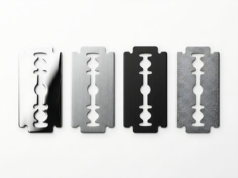 Set of four steel razor blades with different finishes isolated on white background for grooming mockup.