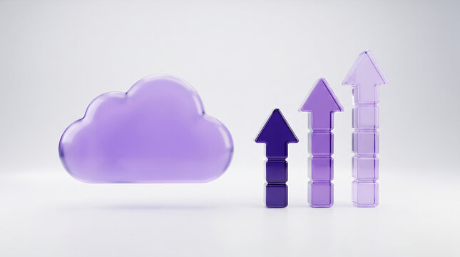 3d render of a purple cloud icon next to three growing arrows isolated on white background