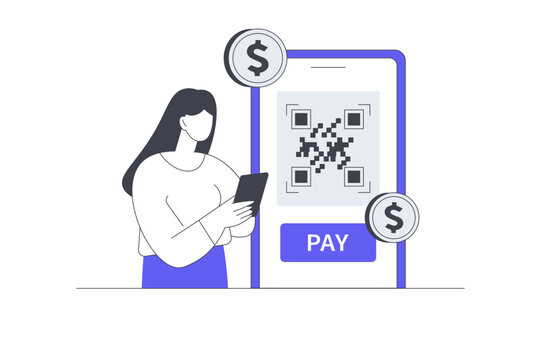 QR Code Payment Mobile Banking and Digital Scan Transaction. Female Specialist Holding Phone Scanning QR Code with Pay Button and Money Coins. Flat Cartoon Vector Illustration, icon Stylish abstract 