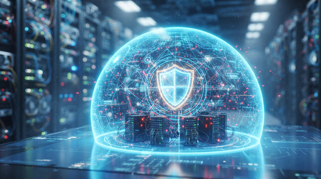 Cybersecurity concept with a digital shield protecting a cluster of servers inside a glowing protective dome in a modern data center