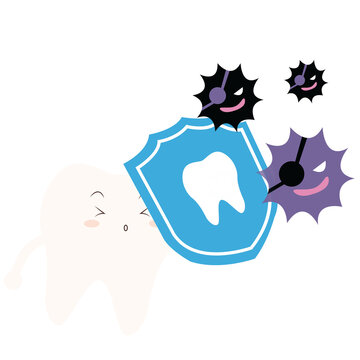 Cute tooth character fighting bacteria germs with dental shield healthcare vector illustration