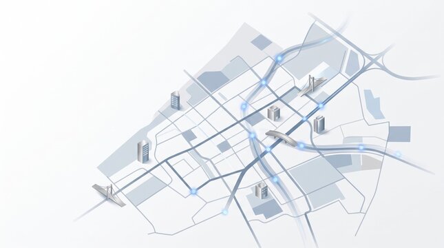 Abstract isometric map of The Hague with digital network nodes