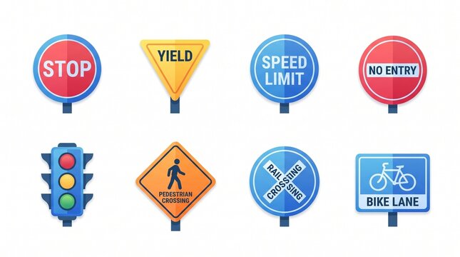 Comprehensive collection of essential road and traffic signs, featuring vector illustrations for safety, regulation, and guidance. Navigate routes with clarity