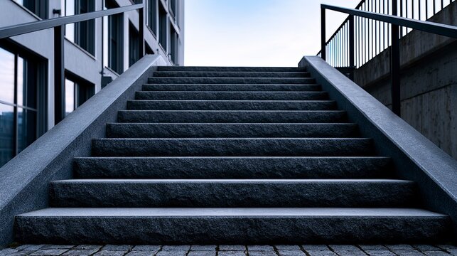 Outdoor Concrete Staircase With Metal Railings At Modern Building.