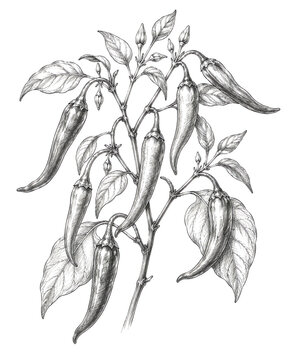 Vintage style botanical engraving of chili pepper plant with detailed hanging pods and leaves offers a monochrome hand drawn illustration